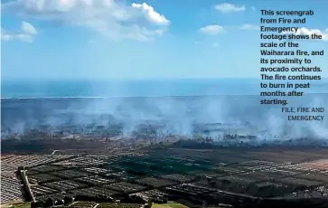  ?? FILE, FIRE AND EMERGENCY ?? This screengrab from Fire and Emergency footage shows the scale of the Waiharara fire, and its proximity to avocado orchards. The fire continues to burn in peat months after starting.