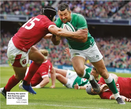  ?? PICTURES: Getty Images ?? Working the space: Rob Kearney goes over for Ireland