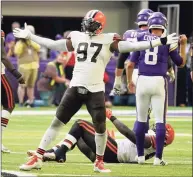 ?? Jim Mone / Associated Press ?? Cleveland Browns defensive tackle Malik Jackson celebrates after making a tackle against the Minnesota Vikings on Oct. 3.