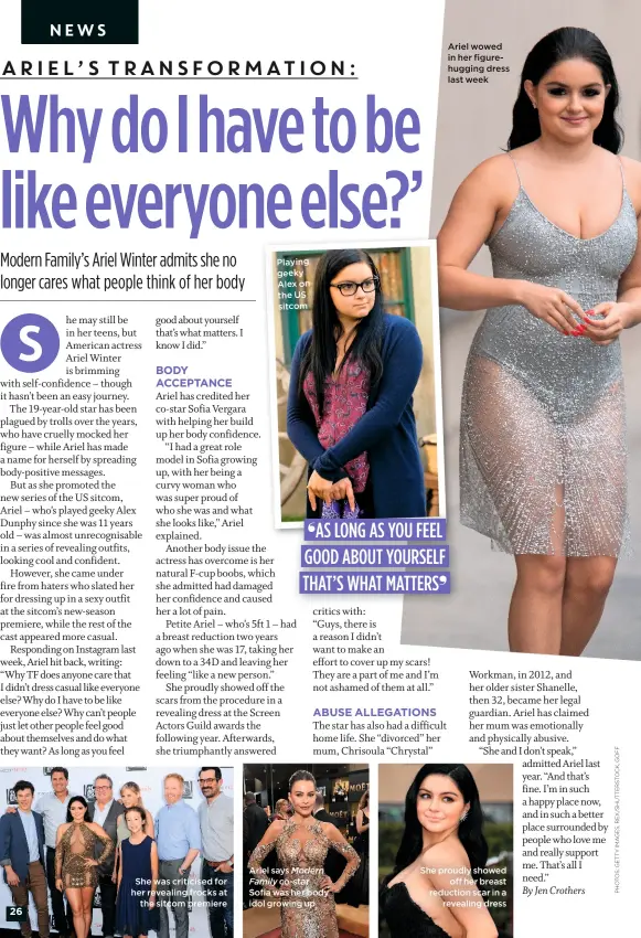  ??  ?? She was criticised for her revealing frocks at the sitcom premiere Playing geeky Alex on the US sitcom Ariel says Modern Family co-star Sofia was her body idol growing up Ariel wowed in her figurehugg­ing dress last week She proudly showed off her...