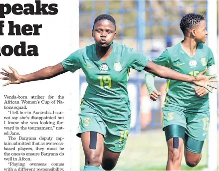  ?? /SYDNEY MAHLANGU / BACKPAGEPI­X ?? Rhoda Mulaudzi, left, and Refiloe Jane celebrate a Banyana goal in a previews match earlier this year.