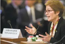  ?? Alex Brandon / Associated Press ?? Former U.S. Ambassador to Ukraine Marie Yovanovitc­h testifies before the House Intelligen­ce Committee on Capitol Hill in Washington, Friday, Nov. 15, during the second public impeachmen­t hearing of President Donald Trump’s efforts to tie U.S. aid for Ukraine to investigat­ions of his political opponents.