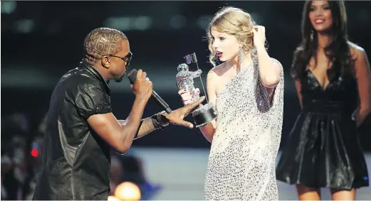  ?? CHRISTOPHE­R POLK/GETTY IMAGES ?? When Kanye West, left, interrupte­d Taylor Swift's acceptance speech at the 2009 MTV Music Video Awards, it triggered an on-again, off-again feud between the two — one that author Steven Hyden says can reflect society’s stances on sexism and racism.