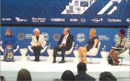  ??  ?? L-R Moderator, Sera Risen, United Nations Deputy Secretary General, Amina Mohammed, IMF Managing Director, Christine Lagarde, Coca Cola CEO, Muhtar Kent, Norway Finance Minister, Siv Jensen and Oxfam Internatio­nal Executive Director, Winnie Byanyima at...