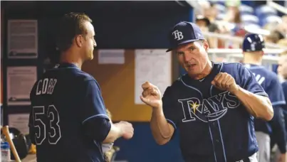  ??  ?? Rays starting pitcher Alex Cobb ( 53) talks with pitching coach Jim Hickey last season. Cobb is now a free agent. | LYNNE SLADKY/ AP