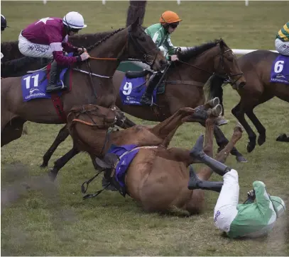  ??  ?? Barry John Foley suffers a nasty fall from Ardera Cross at the first fence in the Novice Chase at Leopardsto­wn