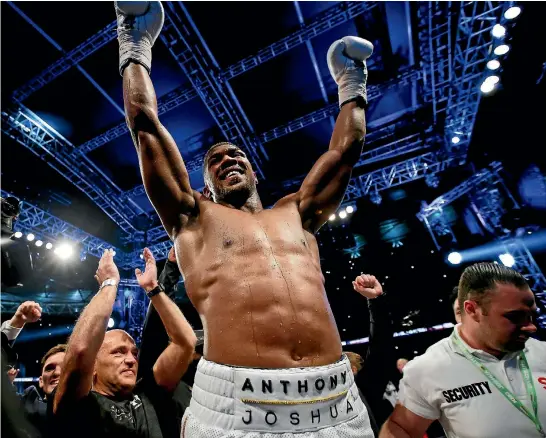  ?? PHOTO: REUTERS ?? Anthony Joshua celebrates after winning his memorable world title fight against Wladimir Klitschko in London at the weekend.