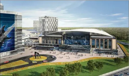  ?? COURTESY ?? A rendering of The Gathering at South Forsyth, a proposed mixed-use developmen­t that would include an 18,500-seat arena, hotels, residences and office space. Developers are hoping to lure an NHL expansion franchise to the arena.