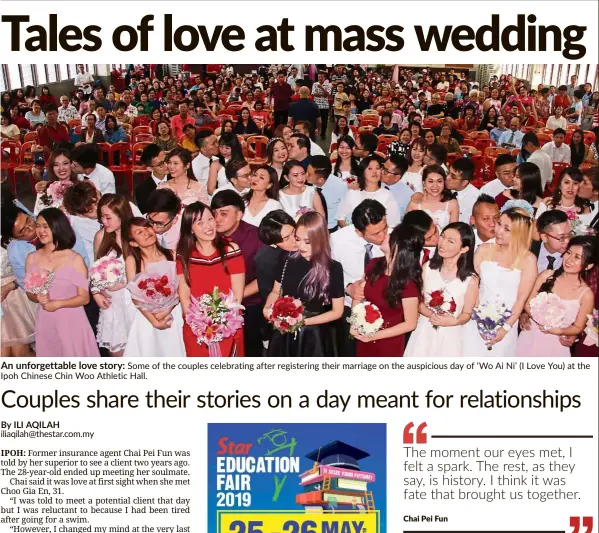  ??  ?? An unforgetta­ble love story: Some of the couples celebratin­g after registerin­g their marriage on the auspicious day of ‘Wo Ai Ni’ (I Love You) at the Ipoh Chinese Chin Woo Athletic Hall.