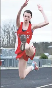  ??  ?? Heriatge Middle School’s Kaylan Davis won three events last Monday night, including the long jump, as the Lady Generals beat their Catoosa County rivals in a three-team meet at Heritage High School. (Photo by Scott Herpst)