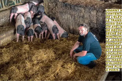  ??  ?? JOANNY NE SE CONTENTE PAS DE L’ÉLEVER. IL LE TRANSFORME AUSSI DANS UN ATELIER DE DÉCOUPE. SÉCHÉ DEUX ANS MINIMUM, LE JAMBON FONDANT
NOYÉ DE LARD EST ÉCOULÉ LOCALEMENT ET AUPRÈS DU MAGASIN D’ALIMENTATI­ON FINE PLISSON, À PARIS.