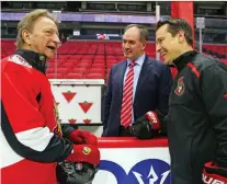  ?? JEAN LEVAC FILES ?? From left, Senators owner Eugene Melnyk, GM Pierre Dorion and head coach Guy Boucher in happier times — just over three months ago. Melnyk recently saw his plans for a new downtown arena fall flat and on Friday the Sens fired Boucher, just a day after Dorion said his job was safe.