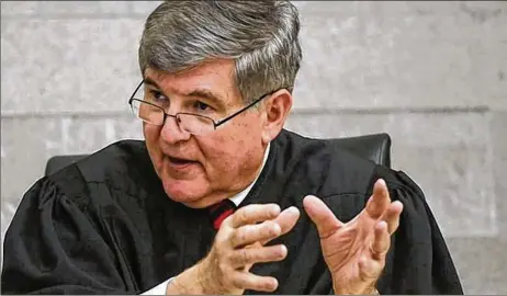  ??  ?? Franklin County Common Pleas Judge Richard Frye questions prospectiv­e jurors in an April 2018 criminal case. The judge said Bernard Turner’s blatant lies during jury selection in Quentin Smith’s case could have undermined the entire process. Smith is accused of killing two Westervill­e police officers.