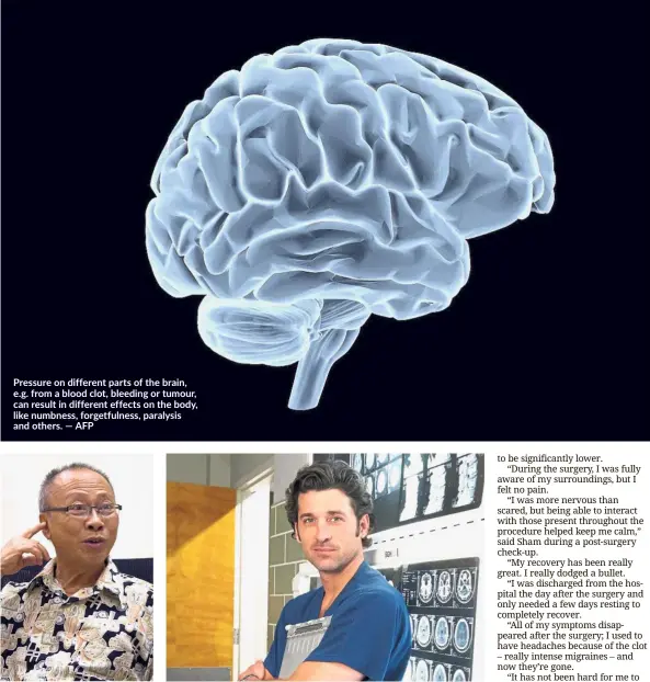  ??  ?? Sham suffers no ill effects from the awake surgery he underwent to remove the blood clot in his brain. Brain surgeon Dr Derek Shepherd, played by Patrick Dempsey in the television series Grey’s Anatomy, frequently performed awake brain surgery. Pressure on different parts of the brain, e.g. from a blood clot, bleeding or tumour, can result in different effects on the body, like numbness, forgetfuln­ess, paralysis and others. — AFP