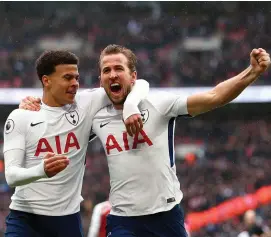  ??  ?? Harry Kane celebrates with Dele Alli after scoring for Tottenham at Wembley