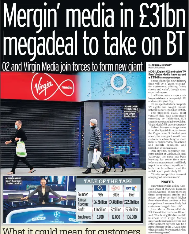  ??  ?? MAIN MAN BT Sport has Gary Lineker on side
JOINED-UP THINKING A montage of O2 and Virgin Media stors