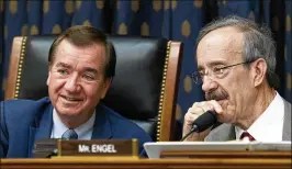  ?? JOSE LUIS MAGANA / AP ?? House Foreign Affairs Committee Chairman Ed Royce (left), R-Calif., speaks with the committee’s ranking member, Rep. Eliot Engel, D-N.Y., during a hearing Wednesday on Iran. President Donald Trump faces a Sunday deadline on the deal.