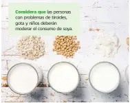  ??  ?? Considera que las personas con problemas de tiroides, gota y niños deberán moderar el consumo de soya.