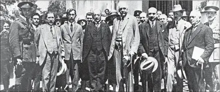  ?? ISRAELI GOVERNMENT PRESS OFFICE/AFP ?? Arthur Balfour (centre), former British prime minister, and Chaim Weizmann (third-right), the then-future first President of Israel, visit Tel Aviv in 1925.