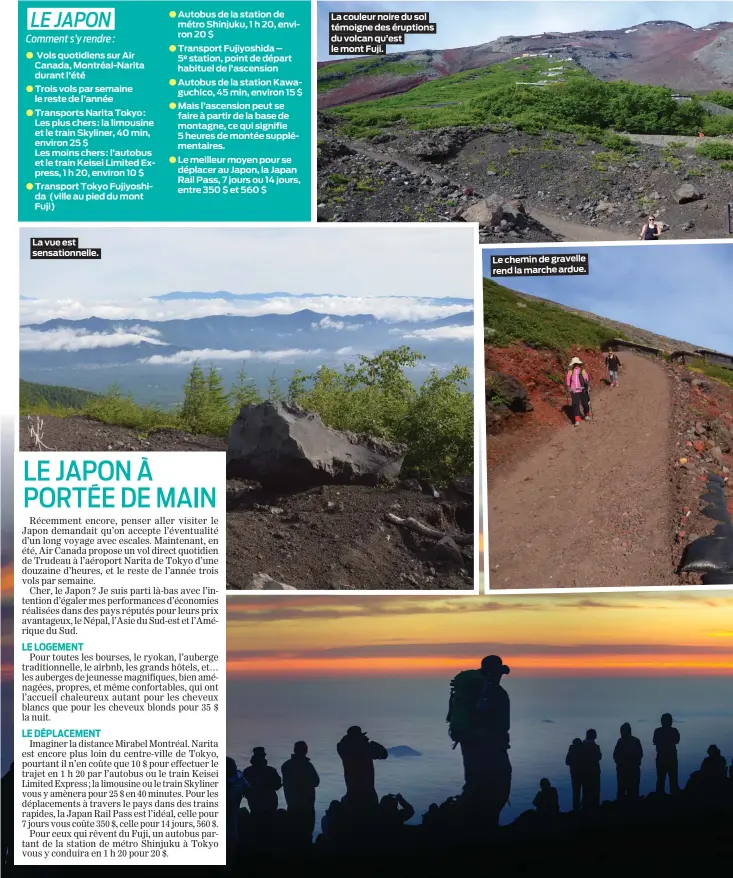  ??  ?? La vue est sensationn­elle. Le chemin de gravelle rendlamarc­he ardue. La couleur noire du sol témoigne des éruptions du volcan qu’est le mont Fuji.