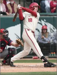  ?? J.T. Wampler/NWA Democrat-Gazette ?? In the box: Arkansas' Heston Kjerstad gets a hit against South Alabama Sunday, March 8, 2020, at Baum-Walker Stadium in Fayettevil­le. Kjerstad was formally introduced Wednesday after signing with the Baltimore Orioles,