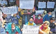  ?? ANI ?? Kashmiri Pandits protest against the killing of Rahul Bhat inside a government office in Budgam last week.