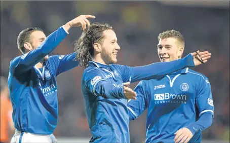  ?? Picture: Perthshire Picture Agency. ?? Stevie May celebrates his goal against Dundee United at Tannadice on Wednesday.