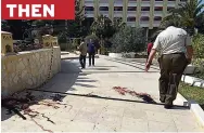  ??  ?? SICKENING Bloodstain­s on the terrace in Sousse. Below, security has been beefed up at the Steigenber­ger hotel