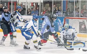  ??  ?? Stars’ Justin Faryna, seen here attacking the Fife Flyers goal, can be an important player for the Dundee side against Cardiff and Sheffield.