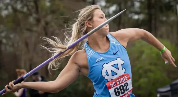  ?? UNC Athletic Communicat­ions ?? Madison Wiltrout, a graduate of Connellsvi­lle and graduate senior at North Carolina, unleashed a throw of 196 feet, 11 inches to win the ACC championsh­ip.