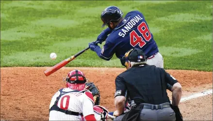  ?? MATT SLOCUM/AP ?? Pablo Sandoval, pinch-hitting, hits a two-out, two-run homer to tie the score in the seventh inning, following rookie Cristian Pache’s double. There are questions about the bench because there’s not much pop among the reserves, but it wasn’t a problem Thursday.