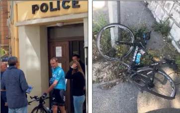  ?? (Photos S.F. et Twitter Chris Froome) ?? Chris Froome , déjà de retour sur un vélo à la sortie du commissari­at de Beausoleil (à gauche), après que son vélo a été percuté par un chauffard esquivé de peu (à droite).