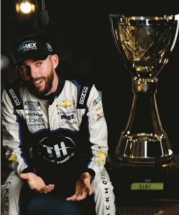  ?? SEAN GARDNER/GETTY ?? Ross Chastain speaks to the media on Thursday during the NASCAR Championsh­ip 4 Media Day at Phoenix Raceway in Avondale, Arizona.