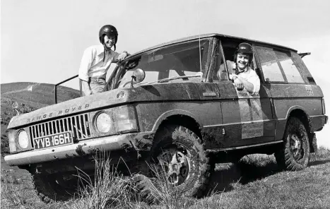  ??  ?? Left: Crathorne (on left) and Evans are all smiles for 166’s first Hillrally in May 1971. Below, l-r: negotiatin­g some tricky terrain; at rest between stages. Right: the Range Rover had gained a cream stripe and roof by the time it reappeared for its second outing in September 1971