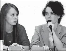  ?? LYNN KUTTER ENTEPRISE-LEADER ?? Kayla Demay, left, listens as Rachel Murphy answers a question during the ACE championsh­ip match March 17 at Prairie Grove High School. Both are members of the Farmington ACE team, which finished third in the championsh­ip, behind Bentonvill­e High and...