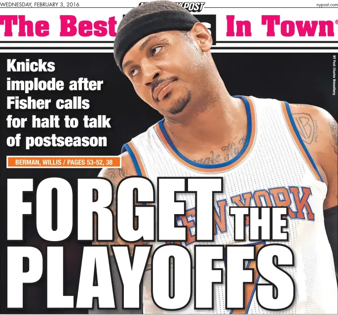  ??  ?? It was another one of those nights for Carmelo Anthony and the Knicks. Anthony fouled out and the Knicks melted down in the second half in a
97-89 Garden loss to the Celtics, falling a season-worst five games under .500, seemingly making Derek...