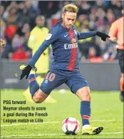  ??  ?? PSG forward Neymar shoots to score a goal during the French League match vs Lille