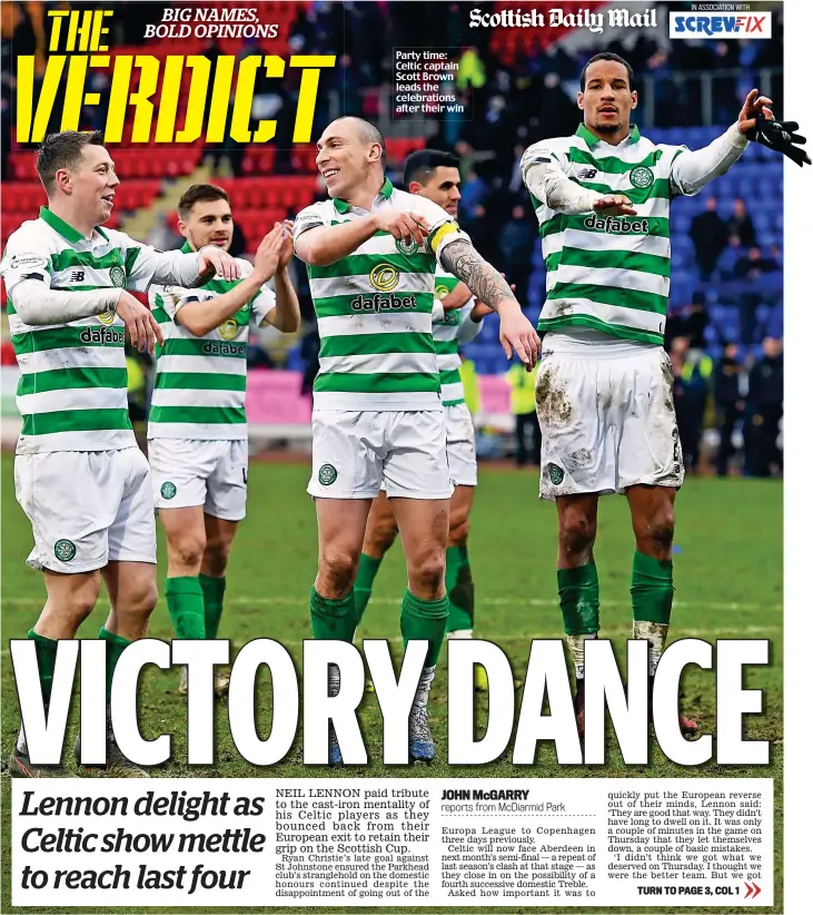  ??  ?? Party time: Celtic captain Scott Brown leads the celebratio­ns after their win