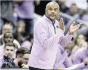  ?? NICK WAGNER nwagner@kcstar.com ?? Kansas State Wildcats head coach Jerome Tang celebrates a score against the Iowa State Cyclones during an NCAA basketball game in the Big 12 men’s basketball tournament on March 14, 2024, in Kansas City.