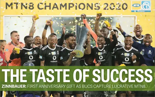 ?? Picture: Backpagepi­x ?? RICH HAUL. Orlando Pirates captain Thulani Hlatshwayo lifts the MTN8 trophy after they beat Bloemfonte­in Celtic in the final at the Moses Mabhida Stadium in Durban on Saturday.