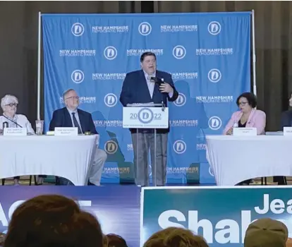  ?? PROVIDED PHOTO ?? Gov. J.B. Pritzker speaks Saturday in front of New Hampshire Democrats amid buzz about his political ambitions.