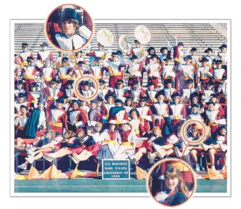  ?? COURTESY OF MELINDA ESQUIBEL ?? Melinda Esquibel, upper left, and Tara Calico, lower right, were students at Belen High School and were both members of the school’s marching band when it competed in the 1984 Zia Marching Band Fiesta.