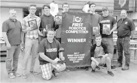  ?? [ALI WILSON / THE OBSERVER] ?? Elmira District Secondary School was one of the two local teams to compete at the FIRST Robotics Championsh­ips in St. Louis this year. Back row: Gord Maier (Coach) Matt Letkeman, Tristan Devos, Matthew Murray, Carson Cass, Cameron Sacrey and Ron...