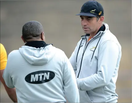  ?? Picture: BACKPAGEPI­X ?? ATTACKING THE ISSUES: Springbok coaching staff Franco Smith and Allister Coetzee discuss tactics in Bloemfonte­in yesterday.