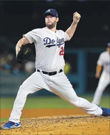  ?? Luis Sinco Los Angeles Times ?? QUALITY STARTS and Clayton Kershaw have gone together all season, and the Dodgers’ left-hander came up with another strong effort Tuesday night, giving up one run in seven innings as his ERA dropped to 2.77.