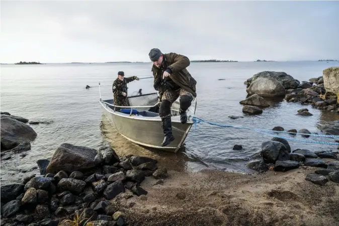  ??  ?? LANDSTIGNI­NG. Christoffe­r Björnström hoppar i land för att spana säl från en av öarna i Iskmoskärg­ården. Bo-Erik Hjerppe vid styrpulpet­en.