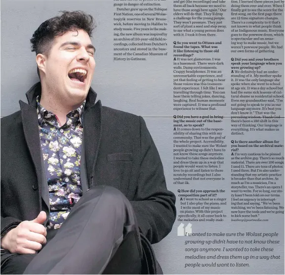  ?? CHRIS YOUNG/THE CANADIAN PRESS ?? Singer Jeremy Dutcher, a member of the Tobique First Nation, says listening to the 110-year-old recordings was like travelling through time.