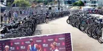  ?? Foto: Johan Swanepoel ?? Meer as ‘n duisend fietse staan by die eerste oorgangspu­nt by Santosstra­nd waar die atlete ná die swem op hulle fietse vir die roete van 90km geklim het.