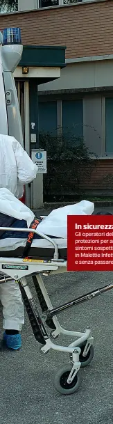  ??  ?? In sicurezza
Gli operatori del Suem sono dotati di particolar­i protezioni per andare a prendere i pazienti con sintomi sospetti, che vengono portati direttamen­te in Malettie Infettive, seguendo percorsi dedicati e senza passare per i Pronto Soccorso