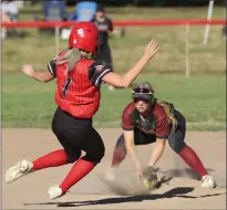  ?? ?? Clear Lake shortstop Amber Smart waits at second, ball in glove, before tagging out would-be base stealer Ashley Rhodes to end the top of the fifth inning.